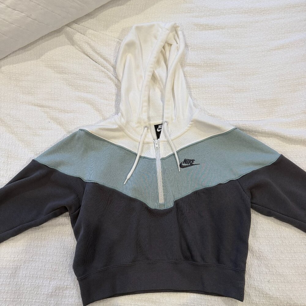 Nike Cropped Colorblock Hoodie in White, Light Blue, and Charcoal